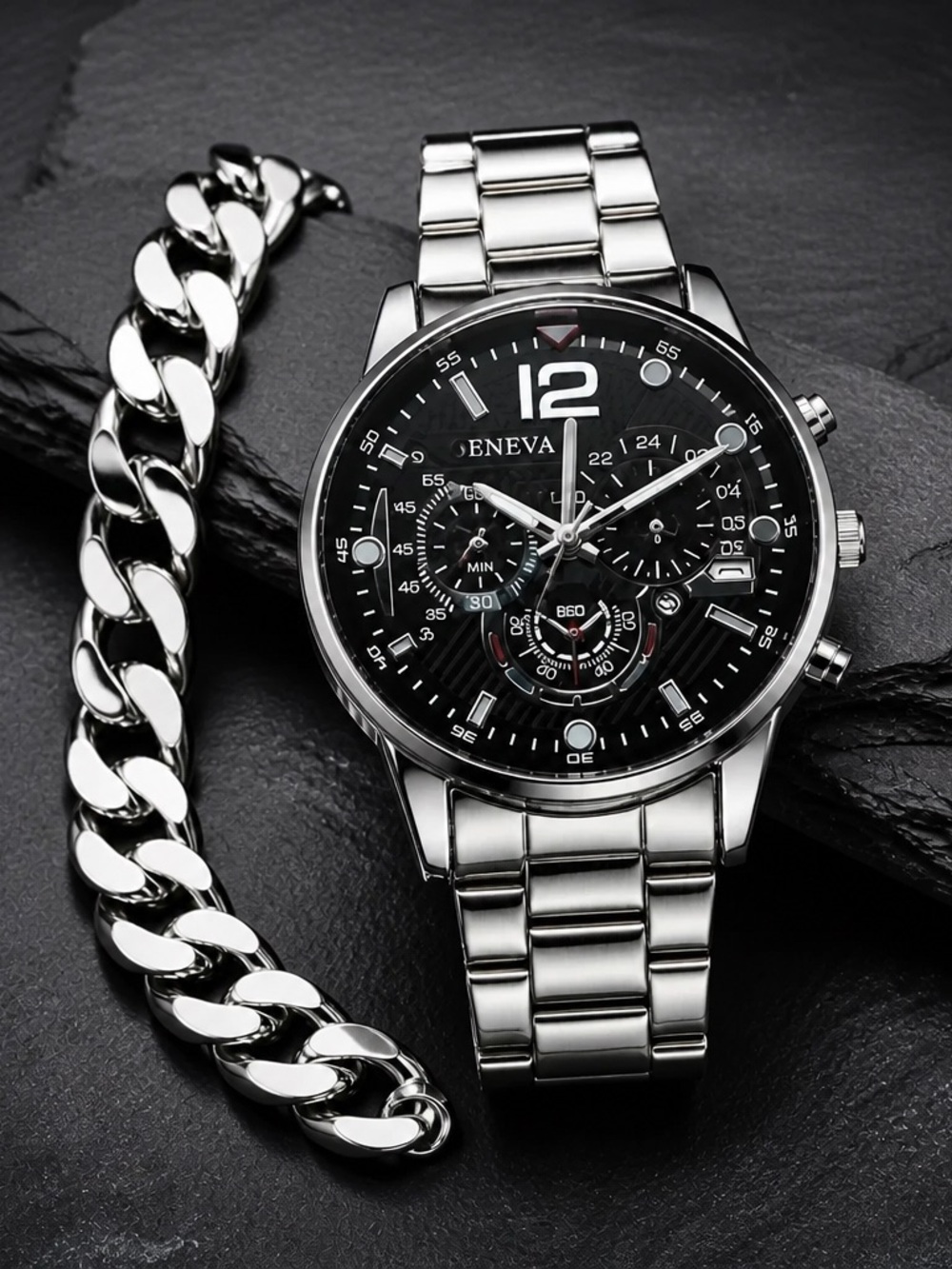Geneva Men’s Luxury Timepiece 50mm Case (2) Piece Set Chain Link Bracelet